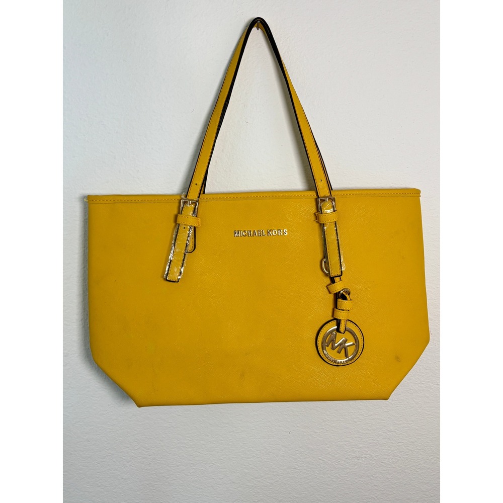 Michael Kors Jet Set Travel Yellow Saffiano Leather Tote Shoulder Bag Silver HW